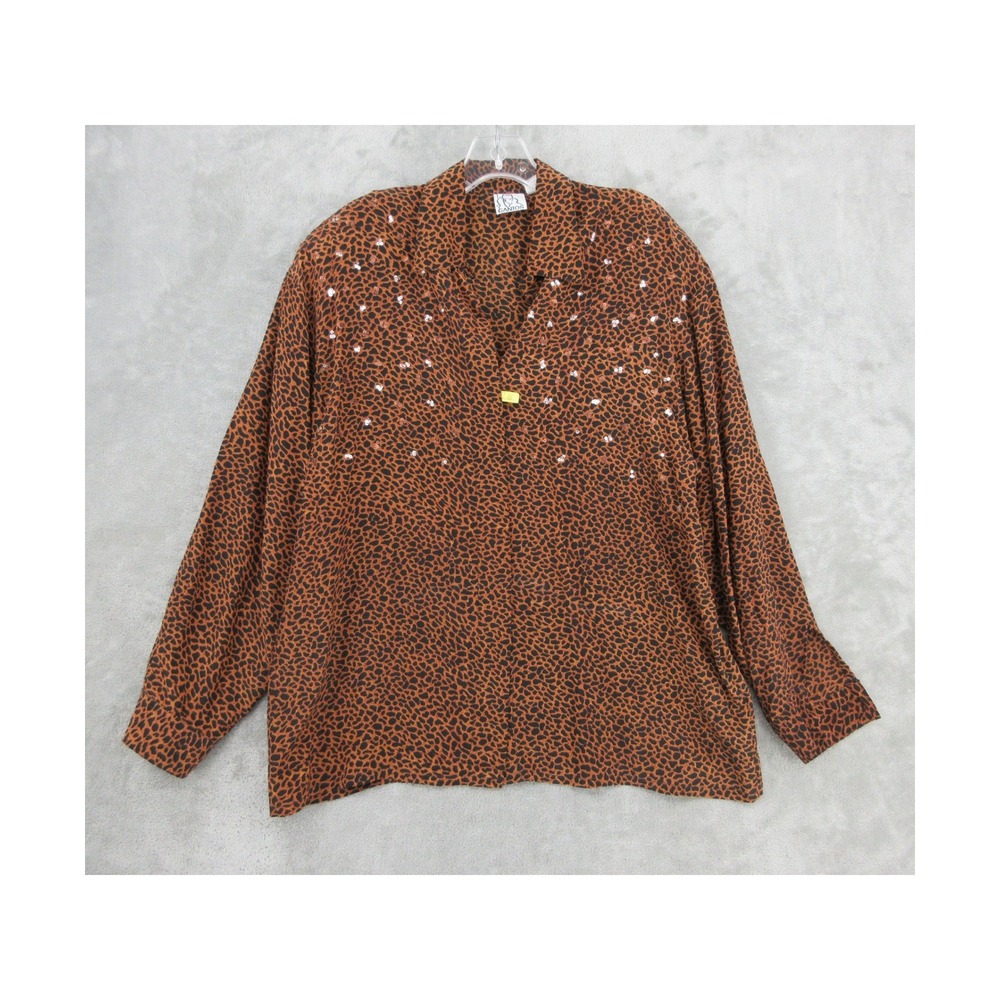 Vintage Gantos Blouse Womens Size L Silk Leopard Print Sequin Button Statement
